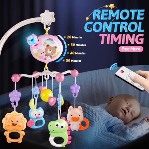 Crib Mobile with Music and Lights, Baby Mobiles for Cribs, Nursery Musical Mobile for Bassinets Toys Hanging Girls Boys, Pack and Play Space Portable Animal Mobile Hanger Arm Clip On Attachment