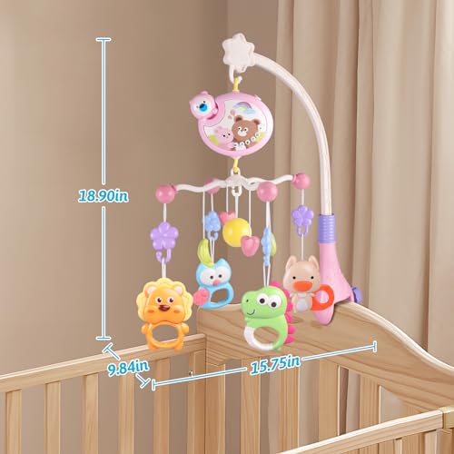 Crib Mobile with Music and Lights, Baby Mobiles for Cribs, Nursery Musical Mobile for Bassinets Toys Hanging Girls Boys, Pack and Play Space Portable Animal Mobile Hanger Arm Clip On Attachment