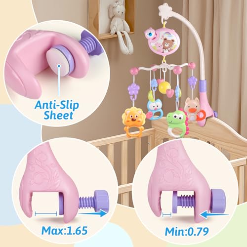 Crib Mobile with Music and Lights, Baby Mobiles for Cribs, Nursery Musical Mobile for Bassinets Toys Hanging Girls Boys, Pack and Play Space Portable Animal Mobile Hanger Arm Clip On Attachment