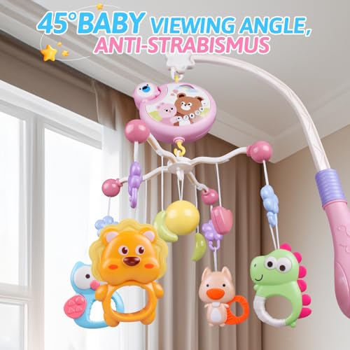 Crib Mobile with Music and Lights, Baby Mobiles for Cribs, Nursery Musical Mobile for Bassinets Toys Hanging Girls Boys, Pack and Play Space Portable Animal Mobile Hanger Arm Clip On Attachment