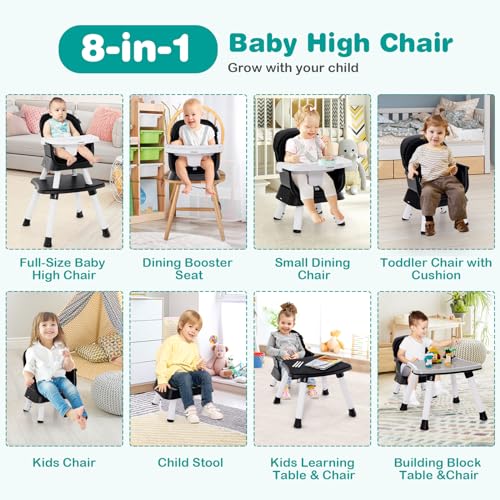 Baby High Chair, 8 in 1 Convertible Highchair for Babies & Toddlers | Booster Seat | Table and Chair Set | Building Block Table | Toddler Chair with Safety Harness, Removable Tray (Black)