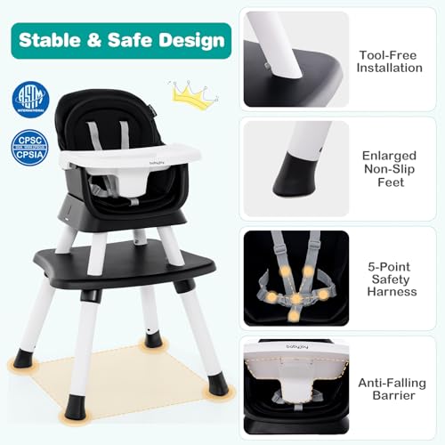 Baby High Chair, 8 in 1 Convertible Highchair for Babies & Toddlers | Booster Seat | Table and Chair Set | Building Block Table | Toddler Chair with Safety Harness, Removable Tray (Black)