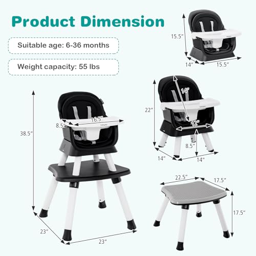 Baby High Chair, 8 in 1 Convertible Highchair for Babies & Toddlers | Booster Seat | Table and Chair Set | Building Block Table | Toddler Chair with Safety Harness, Removable Tray (Black)