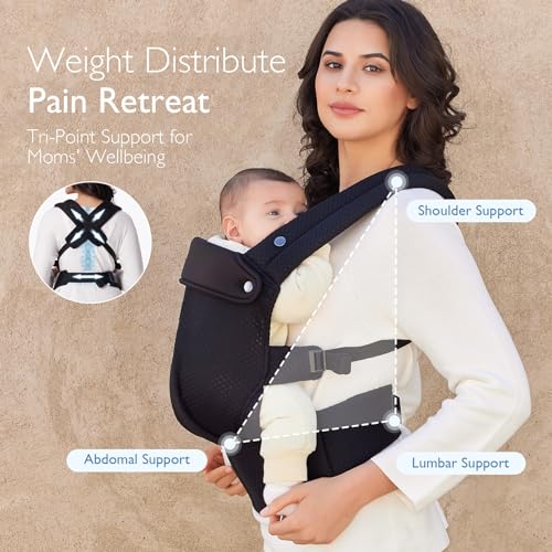 Baby Carrier - Ergonomic, Cozy and Lightweight Carrier for 7-45lbs, Effortless to Put On, Ideal for Hands-Free Parenting, Enhanced Lumbar Support, Purehug for Infant to Toddler, Air Mesh-Black