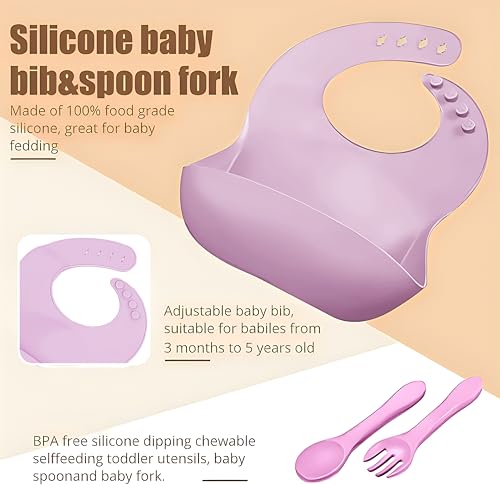 Baby Feeding Set,Miicasa Baby Led Weaning Supplies Kit With Suction Bowl & Car Plate, Bib, Spoon, Fork, Cup - Food-Grade Silicone, Dishwasher-Safe, No BPAs - For 3+ Months