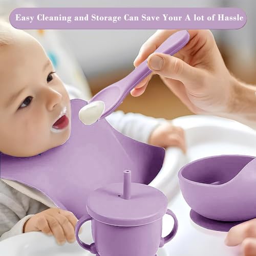 Baby Feeding Set,Miicasa Baby Led Weaning Supplies Kit With Suction Bowl & Car Plate, Bib, Spoon, Fork, Cup - Food-Grade Silicone, Dishwasher-Safe, No BPAs - For 3+ Months