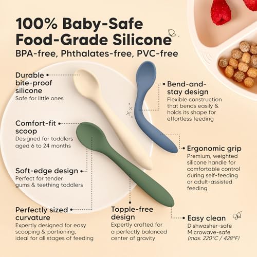 Silicone Baby Spoons, Self Feeding 6-12 months - 3-Pack Baby Weaning Eating Utensils, Toddler First Food Training Spoon, Infant, Kids Feeding Supplies Essential Set, Dishwasher-safe (Slate)