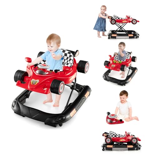 4-in-1 Baby Walker, Foldable Activity Walker with Adjustable Height, Music & Lights, Anti-Rollover, Toddler Push Walker, Baby Walker with Wheels for Boys Girls 6-14 Months (Red)