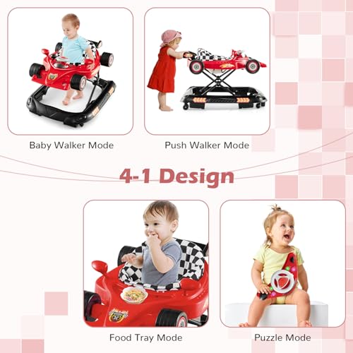 4-in-1 Baby Walker, Foldable Activity Walker with Adjustable Height, Music & Lights, Anti-Rollover, Toddler Push Walker, Baby Walker with Wheels for Boys Girls 6-14 Months (Red)