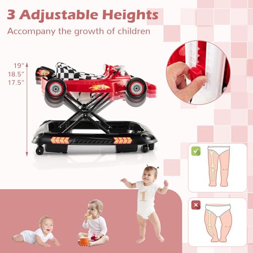 4-in-1 Baby Walker, Foldable Activity Walker with Adjustable Height, Music & Lights, Anti-Rollover, Toddler Push Walker, Baby Walker with Wheels for Boys Girls 6-14 Months (Red)