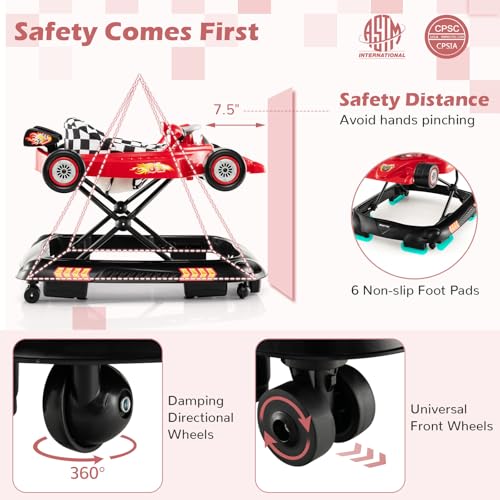 4-in-1 Baby Walker, Foldable Activity Walker with Adjustable Height, Music & Lights, Anti-Rollover, Toddler Push Walker, Baby Walker with Wheels for Boys Girls 6-14 Months (Red)