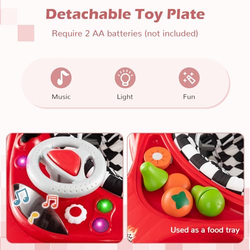 4-in-1 Baby Walker, Foldable Activity Walker with Adjustable Height, Music & Lights, Anti-Rollover, Toddler Push Walker, Baby Walker with Wheels for Boys Girls 6-14 Months (Red)