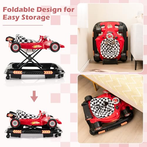 4-in-1 Baby Walker, Foldable Activity Walker with Adjustable Height, Music & Lights, Anti-Rollover, Toddler Push Walker, Baby Walker with Wheels for Boys Girls 6-14 Months (Red)
