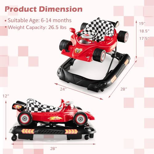4-in-1 Baby Walker, Foldable Activity Walker with Adjustable Height, Music & Lights, Anti-Rollover, Toddler Push Walker, Baby Walker with Wheels for Boys Girls 6-14 Months (Red)