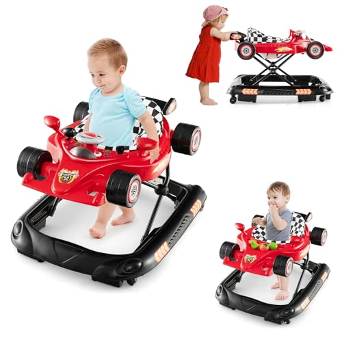 4-in-1 Baby Walker, Foldable Activity Walker with Adjustable Height, Music & Lights, Anti-Rollover, Toddler Push Walker, Baby Walker with Wheels for Boys Girls 6-14 Months (Red)