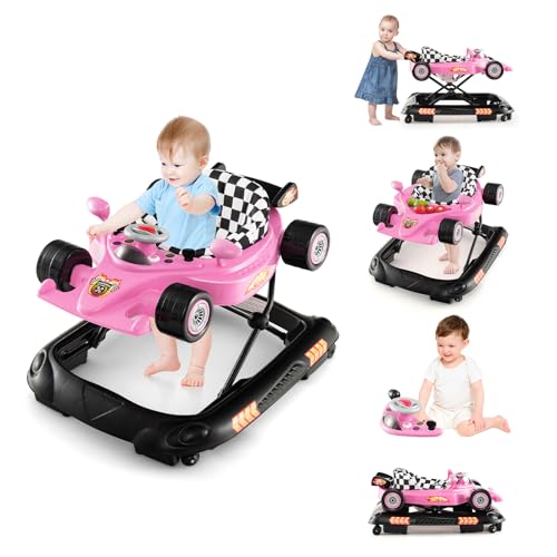 4-in-1 Baby Walker, Foldable Activity Walker with Adjustable Height, Music & Lights, Anti-Rollover, Toddler Push Walker, Baby Walker with Wheels for Boys Girls 6-14 Months (Pink)