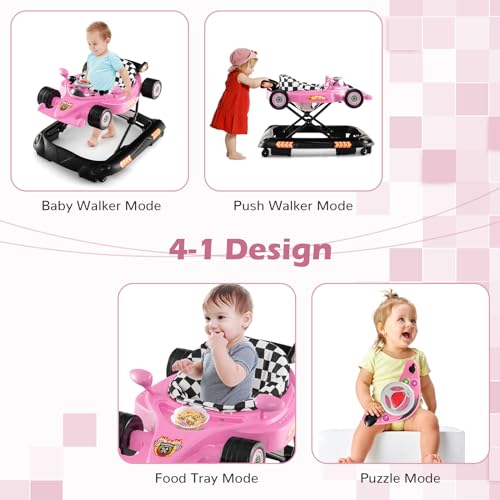 4-in-1 Baby Walker, Foldable Activity Walker with Adjustable Height, Music & Lights, Anti-Rollover, Toddler Push Walker, Baby Walker with Wheels for Boys Girls 6-14 Months (Pink)