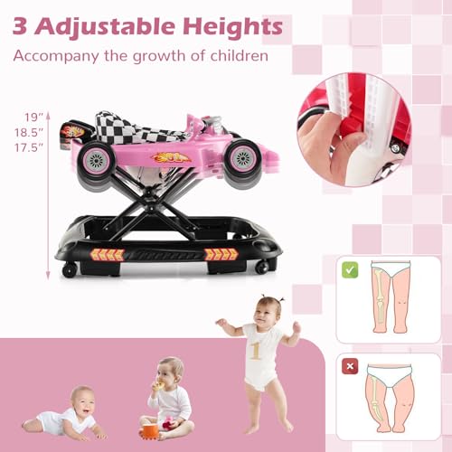 4-in-1 Baby Walker, Foldable Activity Walker with Adjustable Height, Music & Lights, Anti-Rollover, Toddler Push Walker, Baby Walker with Wheels for Boys Girls 6-14 Months (Pink)