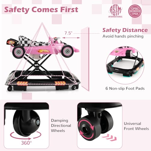 4-in-1 Baby Walker, Foldable Activity Walker with Adjustable Height, Music & Lights, Anti-Rollover, Toddler Push Walker, Baby Walker with Wheels for Boys Girls 6-14 Months (Pink)