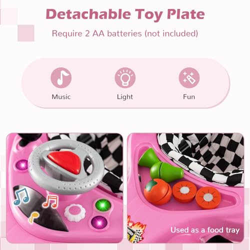 4-in-1 Baby Walker, Foldable Activity Walker with Adjustable Height, Music & Lights, Anti-Rollover, Toddler Push Walker, Baby Walker with Wheels for Boys Girls 6-14 Months (Pink)