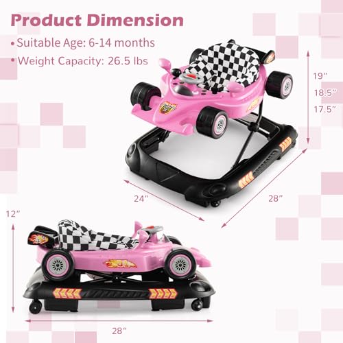 4-in-1 Baby Walker, Foldable Activity Walker with Adjustable Height, Music & Lights, Anti-Rollover, Toddler Push Walker, Baby Walker with Wheels for Boys Girls 6-14 Months (Pink)