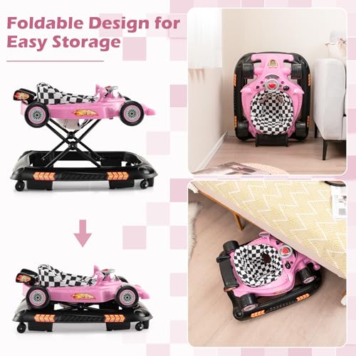 4-in-1 Baby Walker, Foldable Activity Walker with Adjustable Height, Music & Lights, Anti-Rollover, Toddler Push Walker, Baby Walker with Wheels for Boys Girls 6-14 Months (Pink)