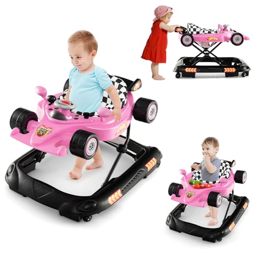 4-in-1 Baby Walker, Foldable Activity Walker with Adjustable Height, Music & Lights, Anti-Rollover, Toddler Push Walker, Baby Walker with Wheels for Boys Girls 6-14 Months (Pink)