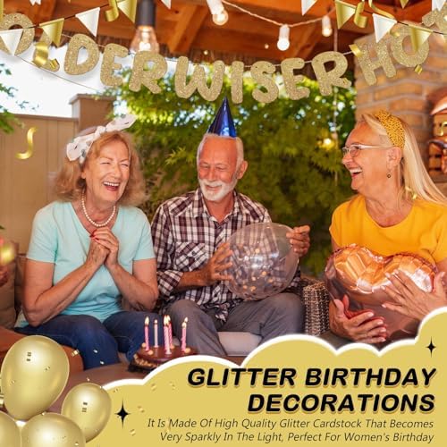 Set of 3 Pre Strung Older Wiser Hotter Glitter Banner Funny Birthday Banner for Women 30th 40th 50th 60th 70th 80th Birthday Party Decorations Sign Gift(Champaign Gold)