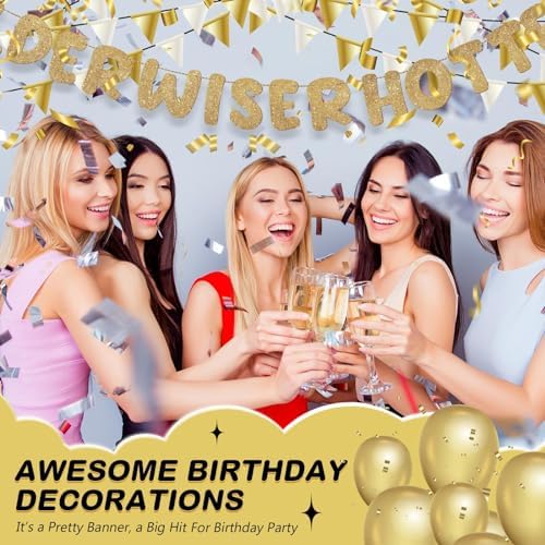 Set of 3 Pre Strung Older Wiser Hotter Glitter Banner Funny Birthday Banner for Women 30th 40th 50th 60th 70th 80th Birthday Party Decorations Sign Gift(Champaign Gold)