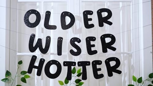 Set of 3 Pre Strung Older Wiser Hotter Glitter Banner Funny Birthday Banner for Women 30th 40th 50th 60th 70th 80th Birthday Party Decorations Sign Gift(Champaign Gold)