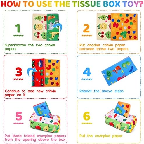 Baby Toys 6 to 12 Months - Tissue Box Toy Montessori for Babies 6-12 Months, Soft Stuffed High Contrast Crinkle Infant Sensory Toys, Boys&Girls Kids Early Learning Gifts