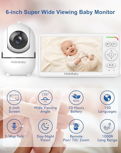 Baby Monitor 6" World First IPS Screen 30H Battery, Secure No WiFi, Pan Tilt Video Camera with Night Vision, VOX, 2-Way Talk, 1000ft, Portable Video Audio Monitor Ideal for Mom, Elderly, Pet