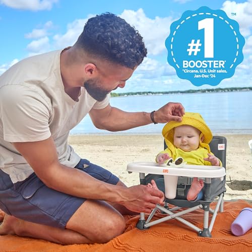 N Sit Portable Booster Seat, 3-in-1 Floor Seat, Travel High Chair & Toddler Booster with Feeding Tray, Indoor/Outdoor, Grey, 6 Months–3 Years