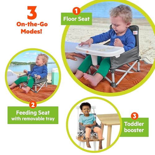 N Sit Portable Booster Seat, 3-in-1 Floor Seat, Travel High Chair & Toddler Booster with Feeding Tray, Indoor/Outdoor, Grey, 6 Months–3 Years