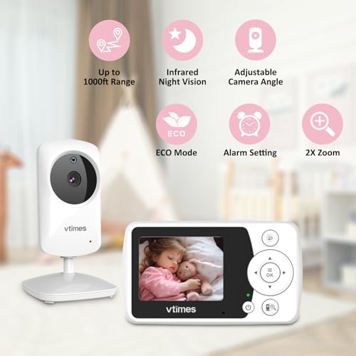 Baby Monitor with Camera and Audio, No WiFi, 2.4" LCD Screen, Two-Way Talk, Portable, Night Vision, 1000ft Range, Temperature Sensor, Alarm and Lullaby, for Baby Shower
