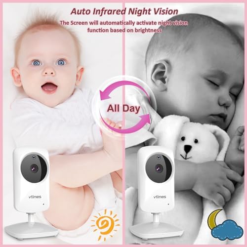 Baby Monitor with Camera and Audio, No WiFi, 2.4" LCD Screen, Two-Way Talk, Portable, Night Vision, 1000ft Range, Temperature Sensor, Alarm and Lullaby, for Baby Shower