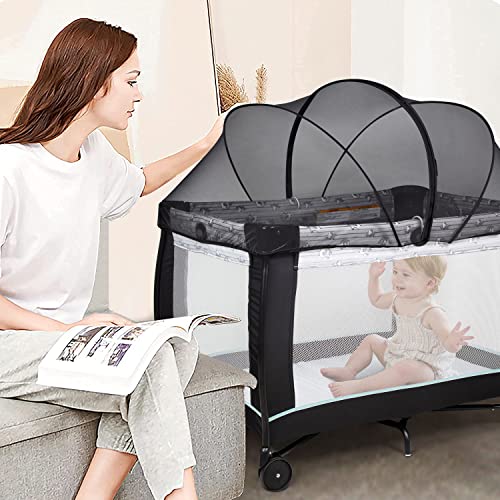 Love Pack N Play Cover, Playpen Mosquito Net Cover, Breathable Net Cover with 2-Way Zipper for Playard (Black)