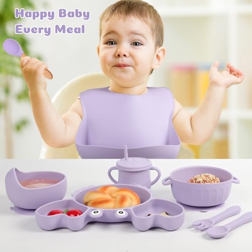 Silicone Baby Feeding Set 15 Pcs，Baby Spoons Suction Bowl Divided Plate Bib Cup Finger Brush Training cups,Baby Led Weaning Supplies,Baby Plates，Toddler Feeding Plates and Bowls Set（purple）