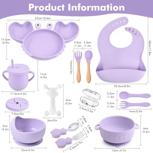 Silicone Baby Feeding Set 15 Pcs，Baby Spoons Suction Bowl Divided Plate Bib Cup Finger Brush Training cups,Baby Led Weaning Supplies,Baby Plates，Toddler Feeding Plates and Bowls Set（purple）