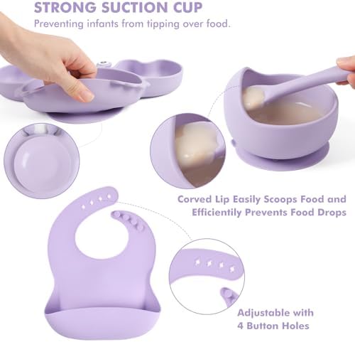 Silicone Baby Feeding Set 15 Pcs，Baby Spoons Suction Bowl Divided Plate Bib Cup Finger Brush Training cups,Baby Led Weaning Supplies,Baby Plates，Toddler Feeding Plates and Bowls Set（purple）