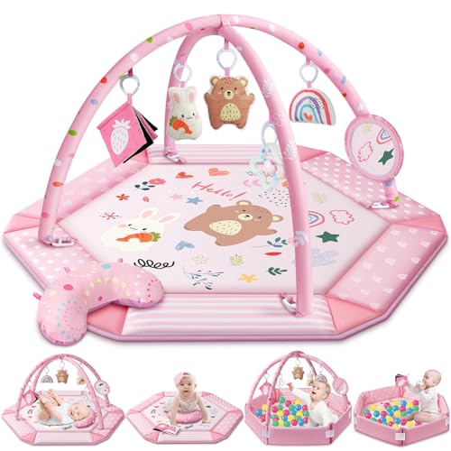 Baby Gym Play Mat, 8-in-1 Tummy Time Mat & Ball Pit with 6 Toys, Washable Baby Activity Mat for Visual, Hearing, Sensory, Motor Development, Babies Gift for Newborn Infant 0-3-6-9-12 Months (Pink)