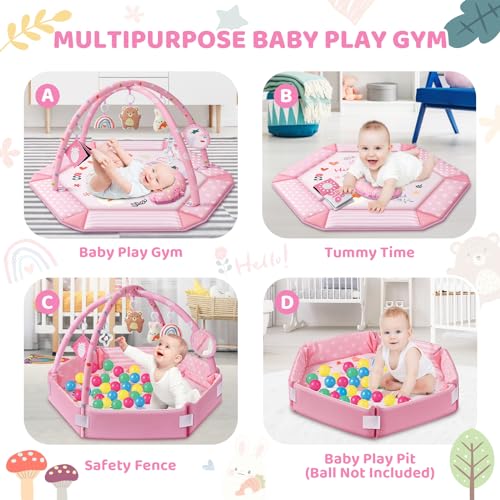 Baby Gym Play Mat, 8-in-1 Tummy Time Mat & Ball Pit with 6 Toys, Washable Baby Activity Mat for Visual, Hearing, Sensory, Motor Development, Babies Gift for Newborn Infant 0-3-6-9-12 Months (Pink)