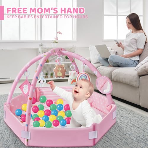 Baby Gym Play Mat, 8-in-1 Tummy Time Mat & Ball Pit with 6 Toys, Washable Baby Activity Mat for Visual, Hearing, Sensory, Motor Development, Babies Gift for Newborn Infant 0-3-6-9-12 Months (Pink)
