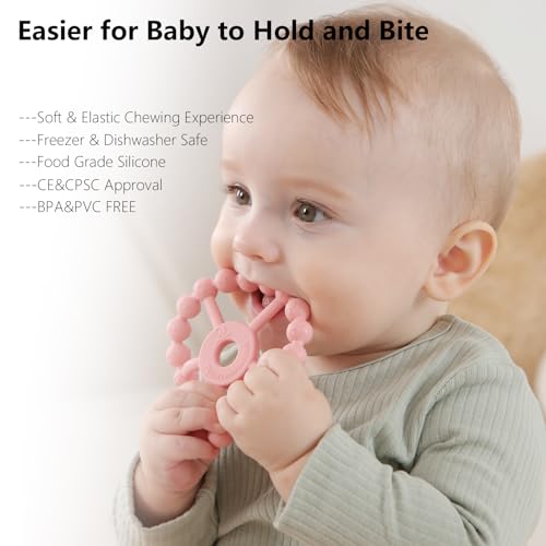 3 Pack Ring Teether Baby Infant Toys, Baby Essentials, Silicone Teething Ring Toys for Babies 0-6 Months, Seposeve Toddler Teethers 6-12 Months 12-24 Months, Infant Teething Relief, Purple Pink White