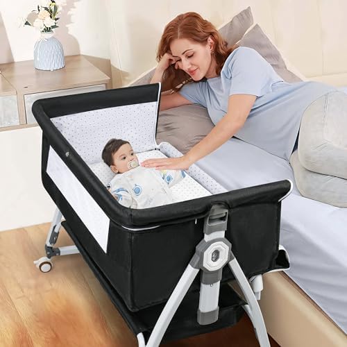 Baby Bassinet Bedside Sleeper, 3 in 1 Rocking Bassinet for Baby, Bassinet Bedside Sleeper with Wheels, Adjustable Height, Storage Basket, Mattress & Canopy, Bed Side Bassinet for Newborn