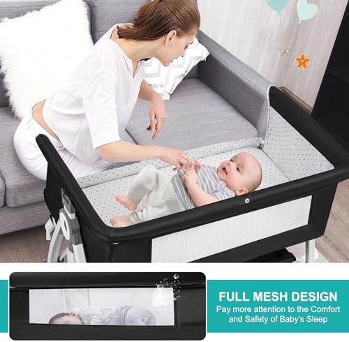 Baby Bassinet Bedside Sleeper, 3 in 1 Rocking Bassinet for Baby, Bassinet Bedside Sleeper with Wheels, Adjustable Height, Storage Basket, Mattress & Canopy, Bed Side Bassinet for Newborn