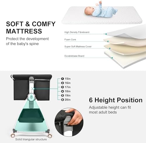 Baby Bassinet Bedside Sleeper, 3 in 1 Rocking Bassinet for Baby, Bassinet Bedside Sleeper with Wheels, Adjustable Height, Storage Basket, Mattress & Canopy, Bed Side Bassinet for Newborn
