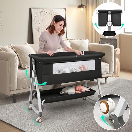Baby Bassinet Bedside Sleeper, 3 in 1 Rocking Bassinet for Baby, Bassinet Bedside Sleeper with Wheels, Adjustable Height, Storage Basket, Mattress & Canopy, Bed Side Bassinet for Newborn