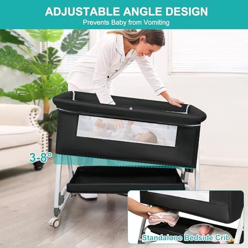 Baby Bassinet Bedside Sleeper, 3 in 1 Rocking Bassinet for Baby, Bassinet Bedside Sleeper with Wheels, Adjustable Height, Storage Basket, Mattress & Canopy, Bed Side Bassinet for Newborn