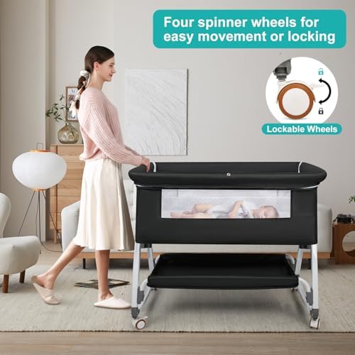 Baby Bassinet Bedside Sleeper, 3 in 1 Rocking Bassinet for Baby, Bassinet Bedside Sleeper with Wheels, Adjustable Height, Storage Basket, Mattress & Canopy, Bed Side Bassinet for Newborn